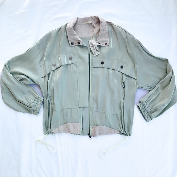 Mystree Jackets & Blazers - Mystree Satin Zip Up Jacket in Sage Green with Sparkly Gold Stars